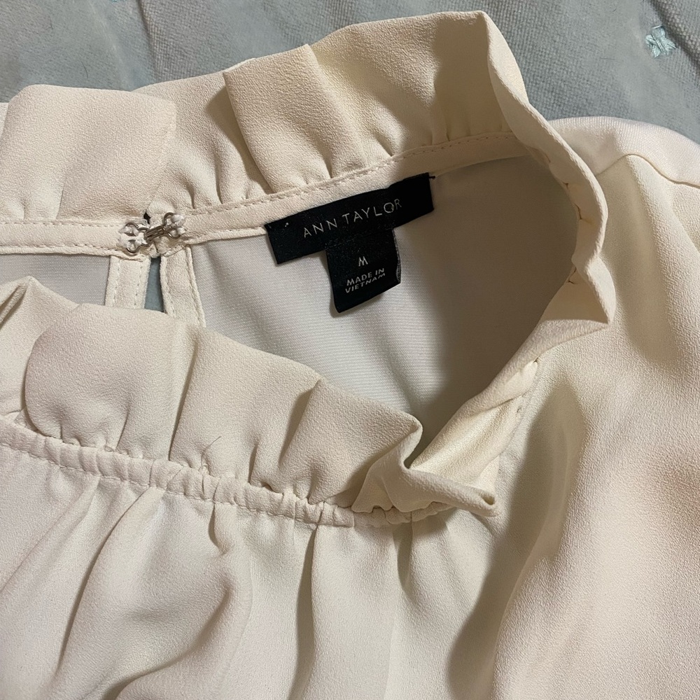 Ann Taylor Soft Cream Top with Ruffled Neckline
